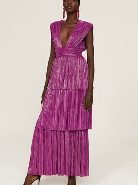 Sabina Musayev Judith Pink Purple Tiered Gown Metallic Maxi Dress - Size LARGE